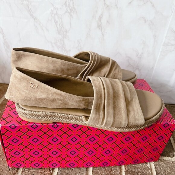 TORY BURCH Gathered Slingback ESPADRILLE Thong SANDAL NEUTRAL SUEDE US 8.5 - Picture 1 of 9